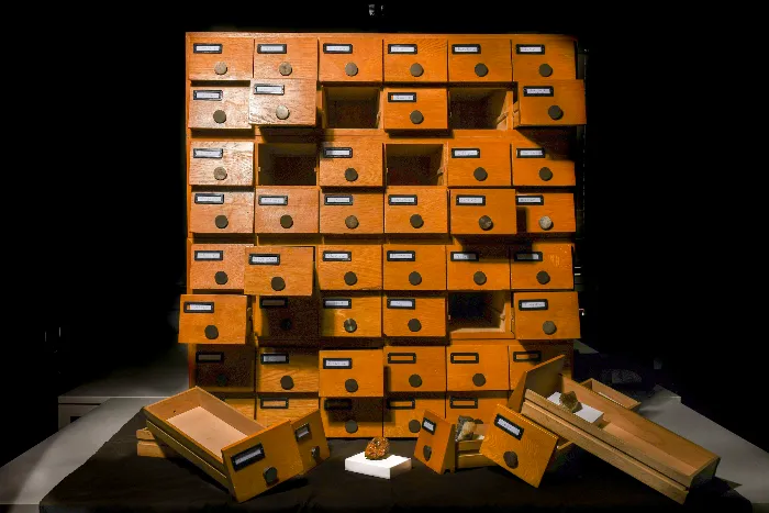 Outdoor wooden cabinet, also known as the Materials Library