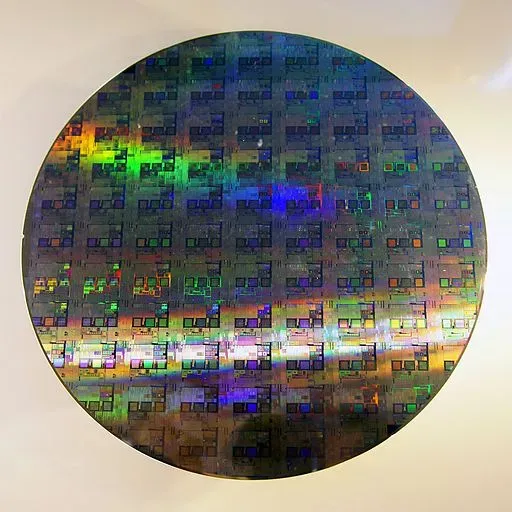 A 12-inch circular silicon wafer used in microelectronics.